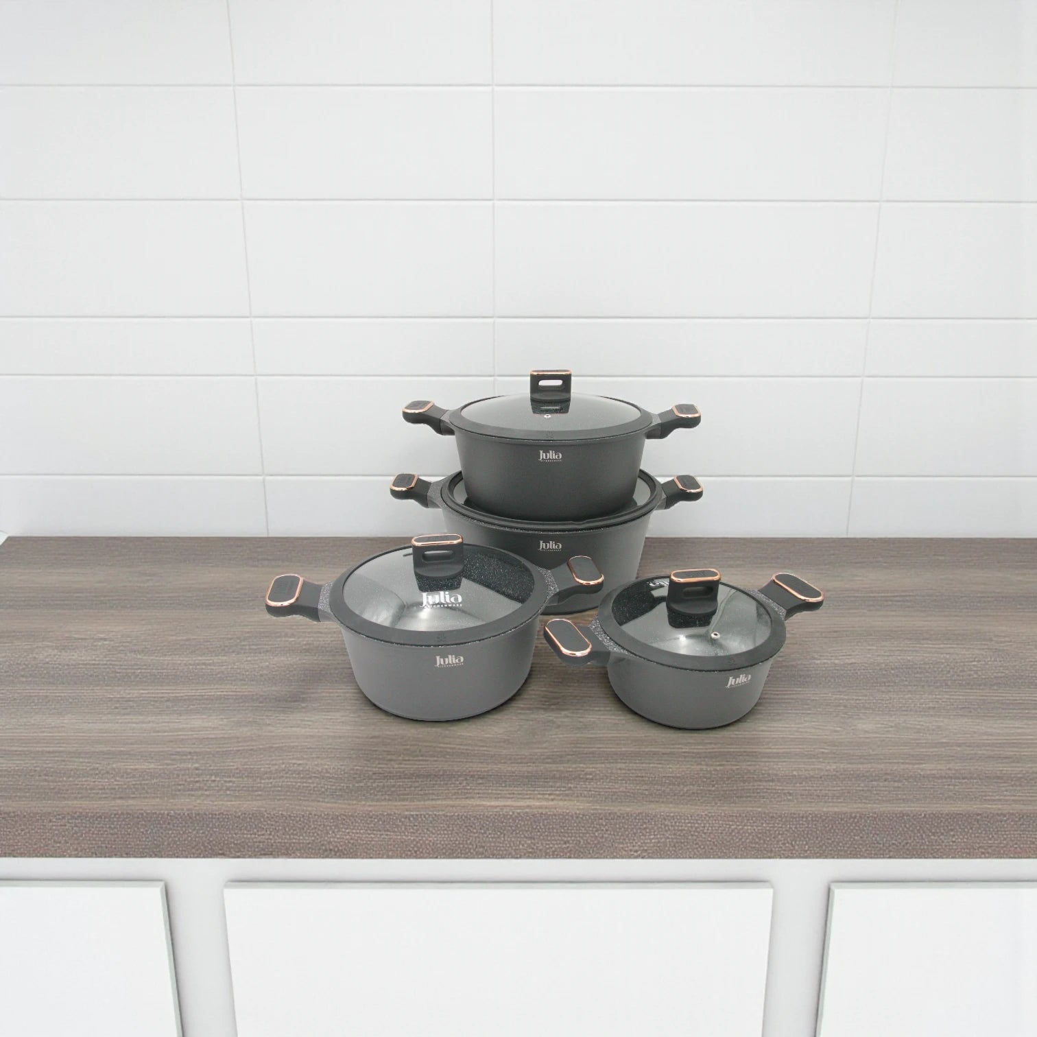 Julia Home & Kitchenware Non-Stick Cookware Set –8 Pieces, Die-Cast Aluminium Casseroles with Glass Lids, Marble Coating, Induction Compatible, PFOA-Free - Damoo