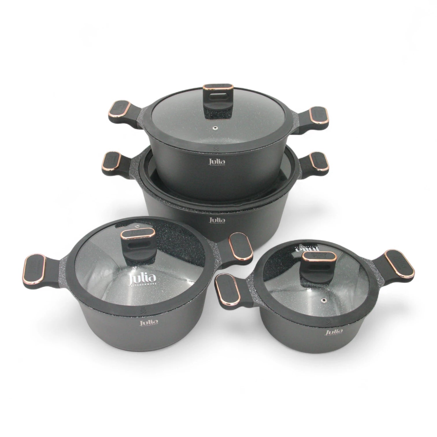 Julia Home & Kitchenware Non-Stick Cookware Set –8 Pieces, Die-Cast Aluminium Casseroles with Glass Lids, Marble Coating, Induction Compatible, PFOA-Free - Damoo