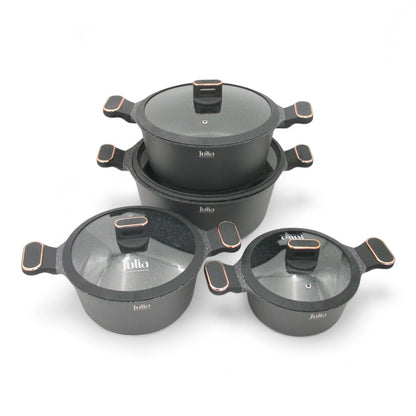 Julia Home & Kitchenware Non-Stick Cookware Set –8 Pieces, Die-Cast Aluminium Casseroles with Glass Lids, Marble Coating, Induction Compatible, PFOA-Free - Damoo