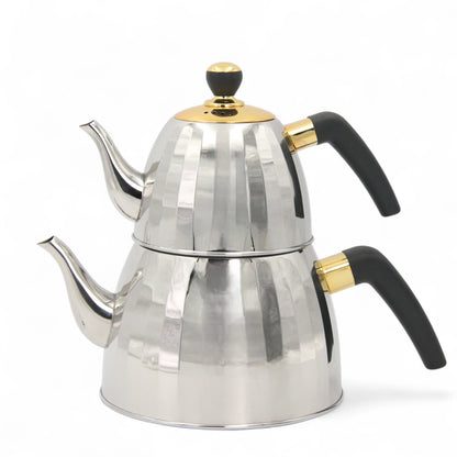 VICALINA Stainless Steel Double Tea Kettle Set  2.5L – Premium Silver & Gold Design with Heat-Resistant Handles & Built-In Tea Filter – Elegant Turkish/Arabic Style for Home & Café - Damoo
