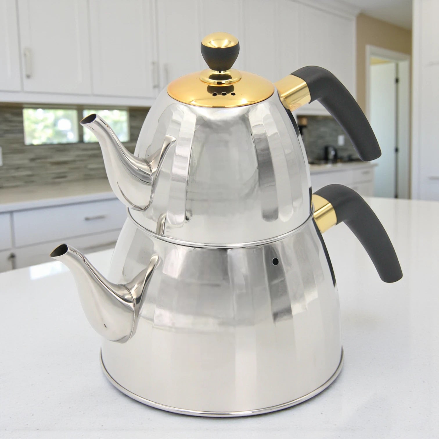 VICALINA Stainless Steel Double Tea Kettle Set  2.5L – Premium Silver & Gold Design with Heat-Resistant Handles & Built-In Tea Filter – Elegant Turkish/Arabic Style for Home & Café - Damoo