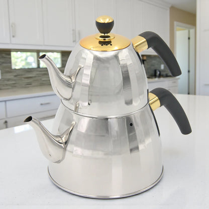 VICALINA Stainless Steel Double Tea Kettle Set  2.5L – Premium Silver & Gold Design with Heat-Resistant Handles & Built-In Tea Filter – Elegant Turkish/Arabic Style for Home & Café - Damoo