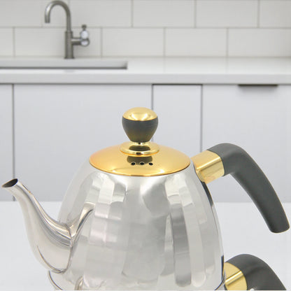 VICALINA Stainless Steel Double Tea Kettle Set  2.5L – Premium Silver & Gold Design with Heat-Resistant Handles & Built-In Tea Filter – Elegant Turkish/Arabic Style for Home & Café - Damoo