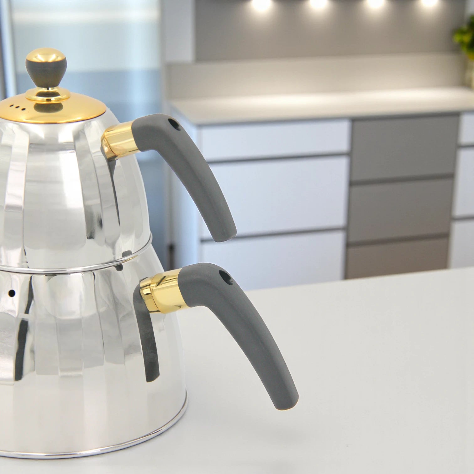 VICALINA Stainless Steel Double Tea Kettle Set  2.5L – Premium Silver & Gold Design with Heat-Resistant Handles & Built-In Tea Filter – Elegant Turkish/Arabic Style for Home & Café - Damoo