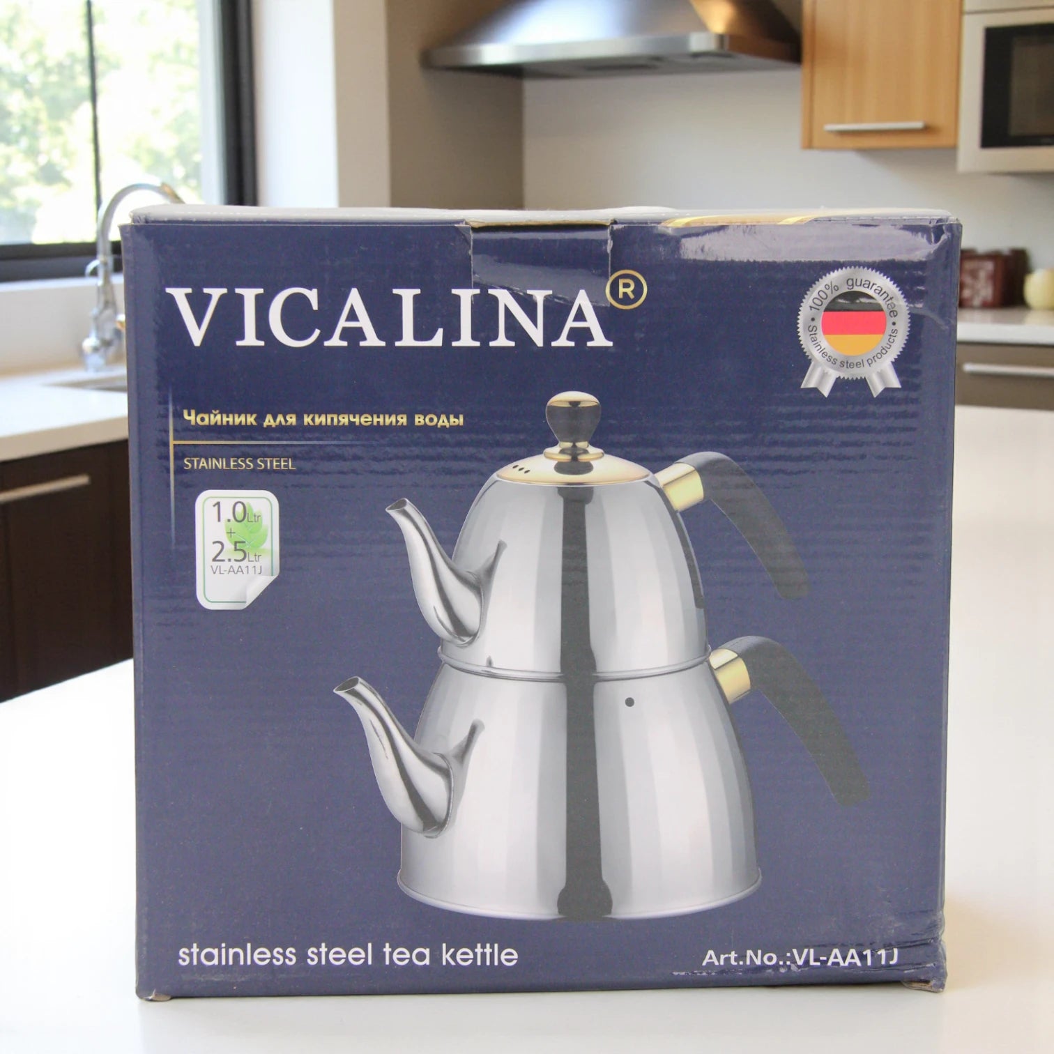 VICALINA Stainless Steel Double Tea Kettle Set  2.5L – Premium Silver & Gold Design with Heat-Resistant Handles & Built-In Tea Filter – Elegant Turkish/Arabic Style for Home & Café - Damoo