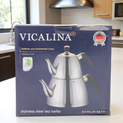 VICALINA Stainless Steel Double Tea Kettle Set  2.5L – Premium Silver & Gold Design with Heat-Resistant Handles & Built-In Tea Filter – Elegant Turkish/Arabic Style for Home & Café - Damoo