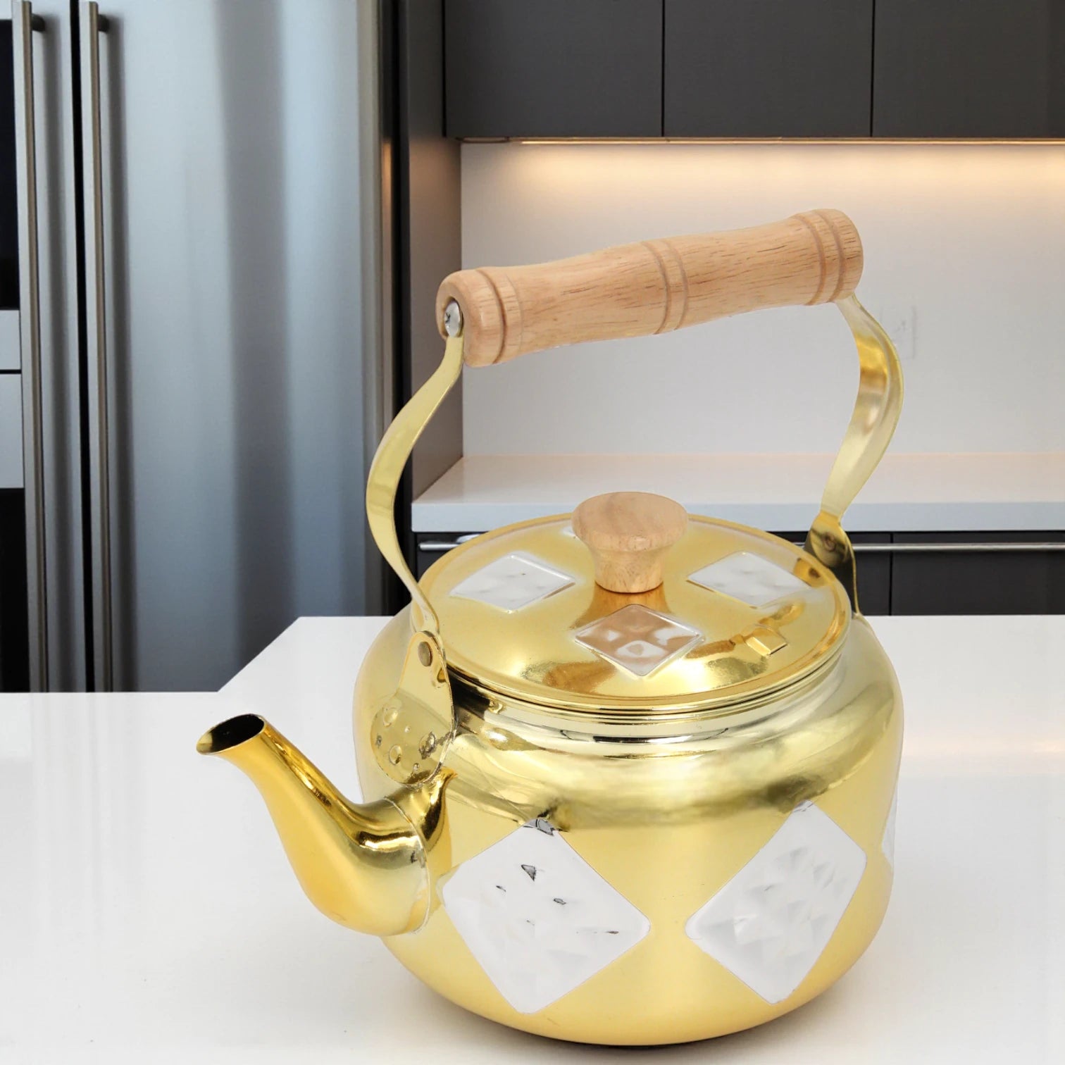 GERMAX Golden Stainless Steel Kettle 2.2 Liters – Elegant Diamond Pattern, Wooden Handle, Durable Design – Premium Water Boiler for Home & Tea Lovers - Damoo