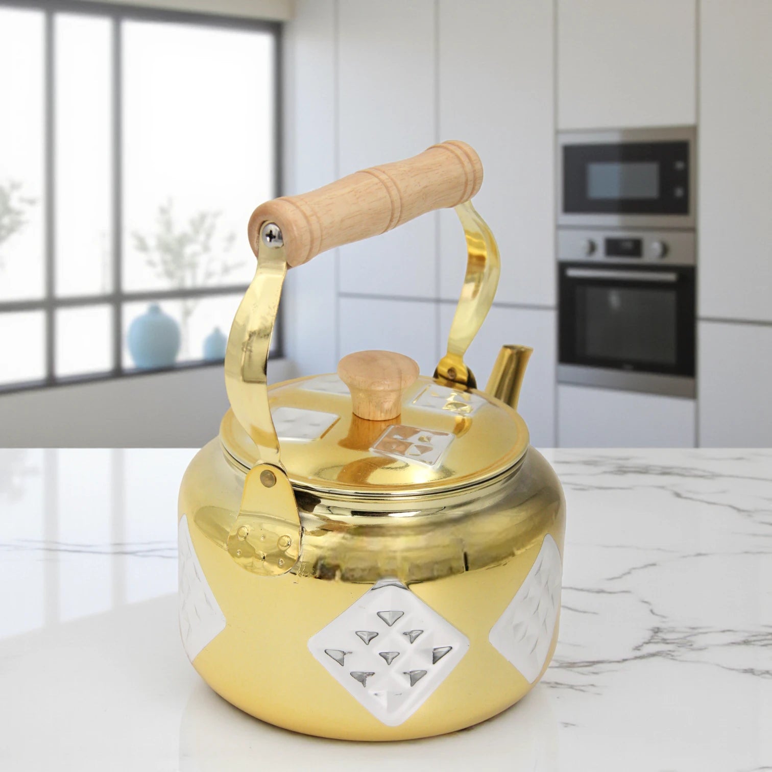 GERMAX Golden Stainless Steel Kettle 2.2 Liters – Elegant Diamond Pattern, Wooden Handle, Durable Design – Premium Water Boiler for Home & Tea Lovers - Damoo