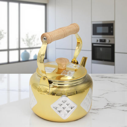 GERMAX Golden Stainless Steel Kettle 2.2 Liters – Elegant Diamond Pattern, Wooden Handle, Durable Design – Premium Water Boiler for Home & Tea Lovers - Damoo