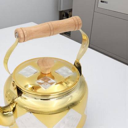 GERMAX Golden Stainless Steel Kettle 2.2 Liters – Elegant Diamond Pattern, Wooden Handle, Durable Design – Premium Water Boiler for Home & Tea Lovers - Damoo