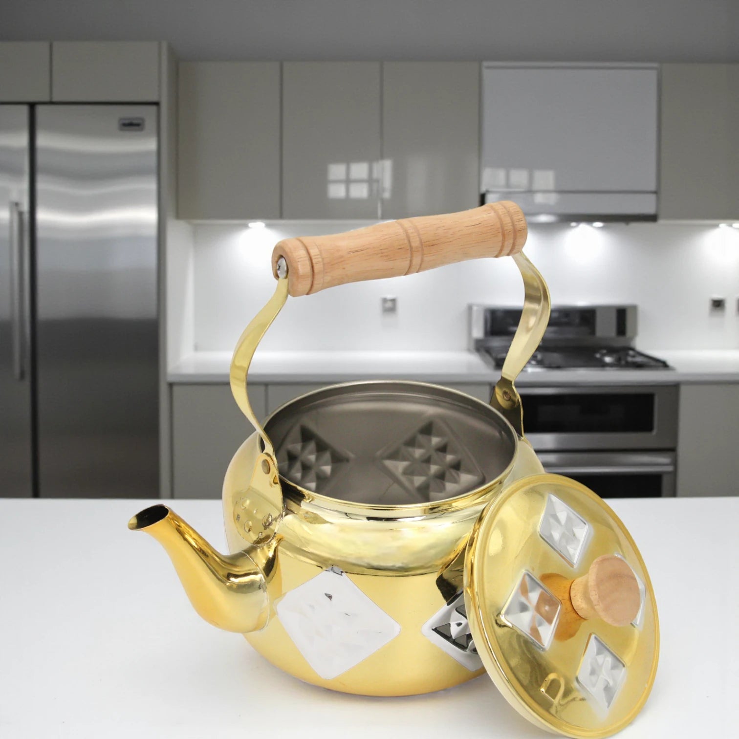 GERMAX Golden Stainless Steel Kettle 2.2 Liters – Elegant Diamond Pattern, Wooden Handle, Durable Design – Premium Water Boiler for Home & Tea Lovers - Damoo