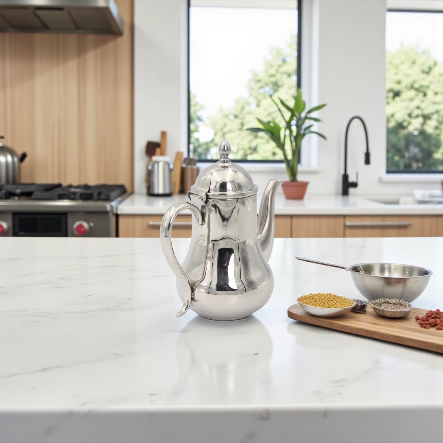 HTH Stainless Steel Tea & Coffee Pot – Classic Polished Serveware Kettle with Long Spout & Sturdy Handle, Durable Kitchen & Dining Essential - Damoo