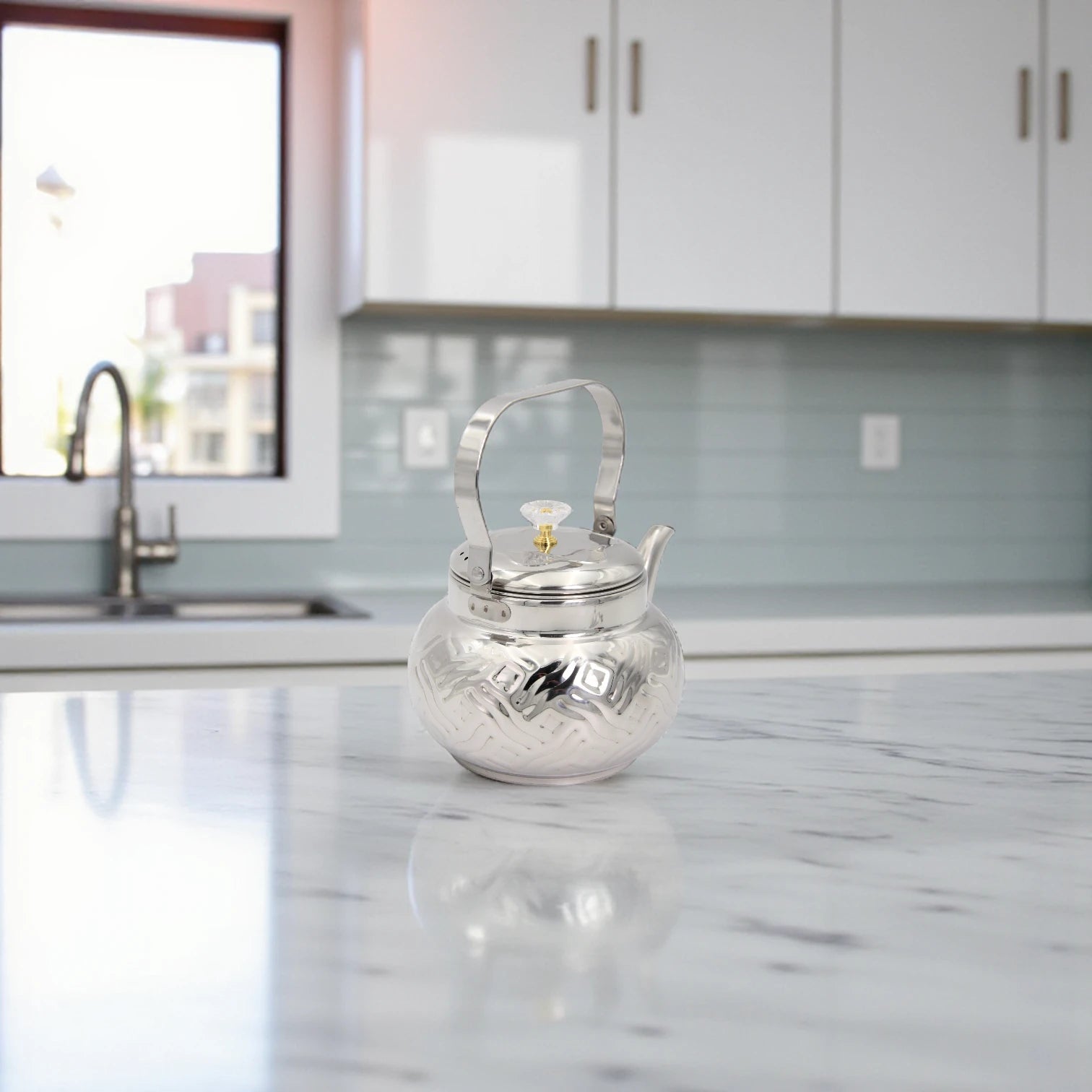 ZHAOHUI Stainless Steel Decorative Kettle – Embossed Pattern Tea & Coffee Pot with Crystal Knob, Durable Handle, Polished Finish, Elegant Kitchen & Dining Serveware - Damoo