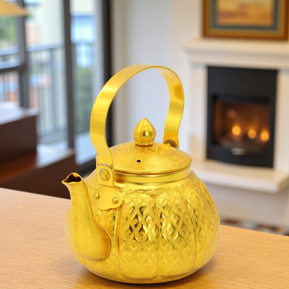 Damoo Elegant Gold Arabic Tea Kettle – Vintage Metal Dallah Style Teapot with Lid – Decorative & Functional – 1L Capacity - Damoo