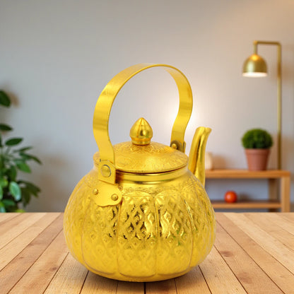 Damoo Elegant Gold Arabic Tea Kettle – Vintage Metal Dallah Style Teapot with Lid – Decorative & Functional – 1L Capacity - Damoo