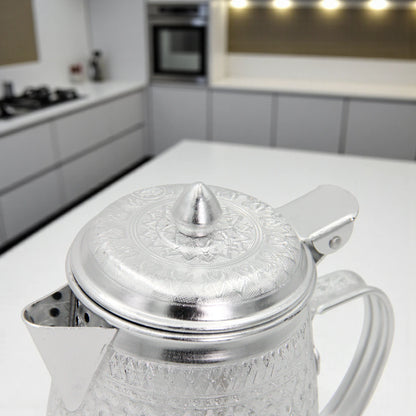 Traditional Arabic Dallah Coffee Pot – Silver Aluminum, Hand-Engraved Design, Durable Handle & Lid – Classic Middle Eastern Tea & Coffee Serving Pot - Damoo