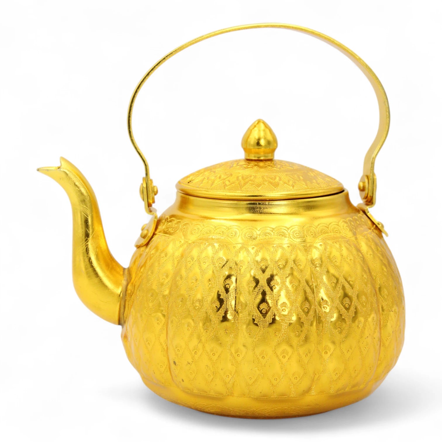Handcrafted Golden Arabic Tea Kettle – Traditional Embossed Design, Durable Metal Build, Decorative & Functional Teapot with Handle and Lid for Serving Tea, Coffee & Arabic Hospitality - Damoo