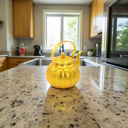 Handcrafted Golden Arabic Tea Kettle – Traditional Embossed Design, Durable Metal Build, Decorative & Functional Teapot with Handle and Lid for Serving Tea, Coffee & Arabic Hospitality - Damoo