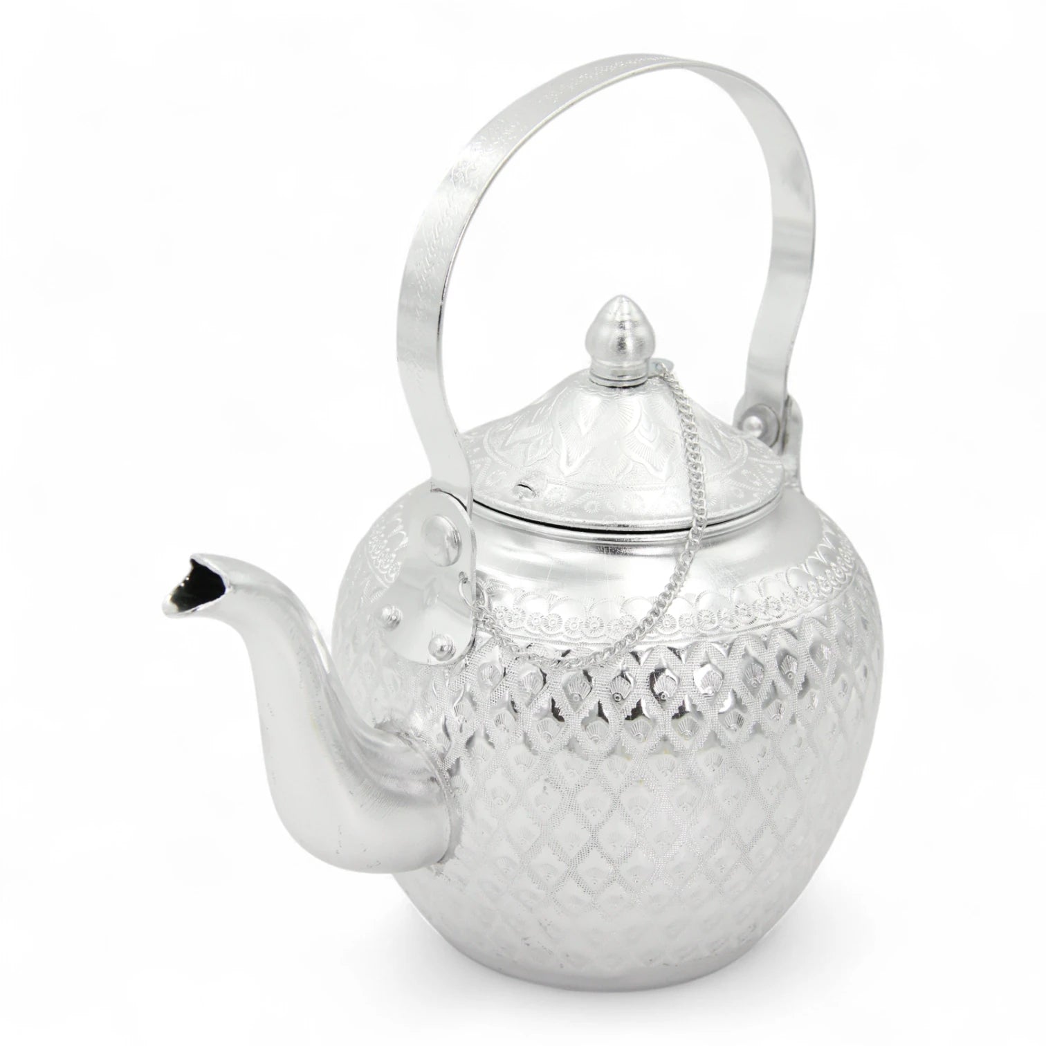 Traditional Arabic Aluminum Tea Kettle – Handcrafted Silver Finish with Decorative Handle & Lid – Elegant Middle Eastern Teapot for Serving Tea & Coffee - Damoo
