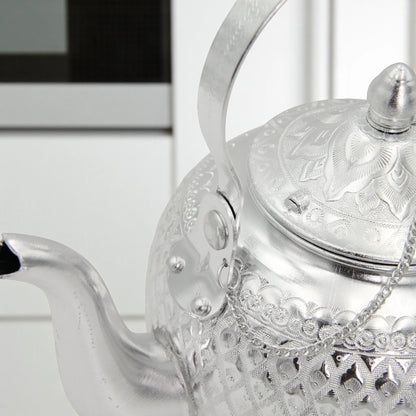 Traditional Arabic Aluminum Tea Kettle – Handcrafted Silver Finish with Decorative Handle & Lid – Elegant Middle Eastern Teapot for Serving Tea & Coffee - Damoo