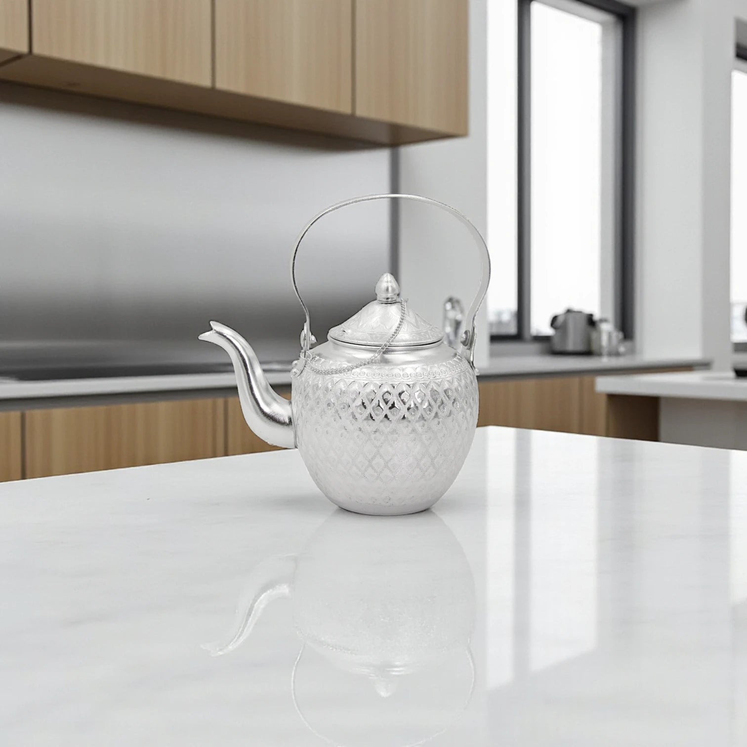 Traditional Arabic Aluminum Tea Kettle – Handcrafted Silver Finish with Decorative Handle & Lid – Elegant Middle Eastern Teapot for Serving Tea & Coffee - Damoo