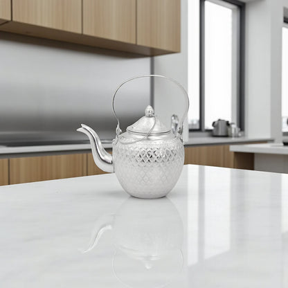 Traditional Arabic Aluminum Tea Kettle – Handcrafted Silver Finish with Decorative Handle & Lid – Elegant Middle Eastern Teapot for Serving Tea & Coffee - Damoo