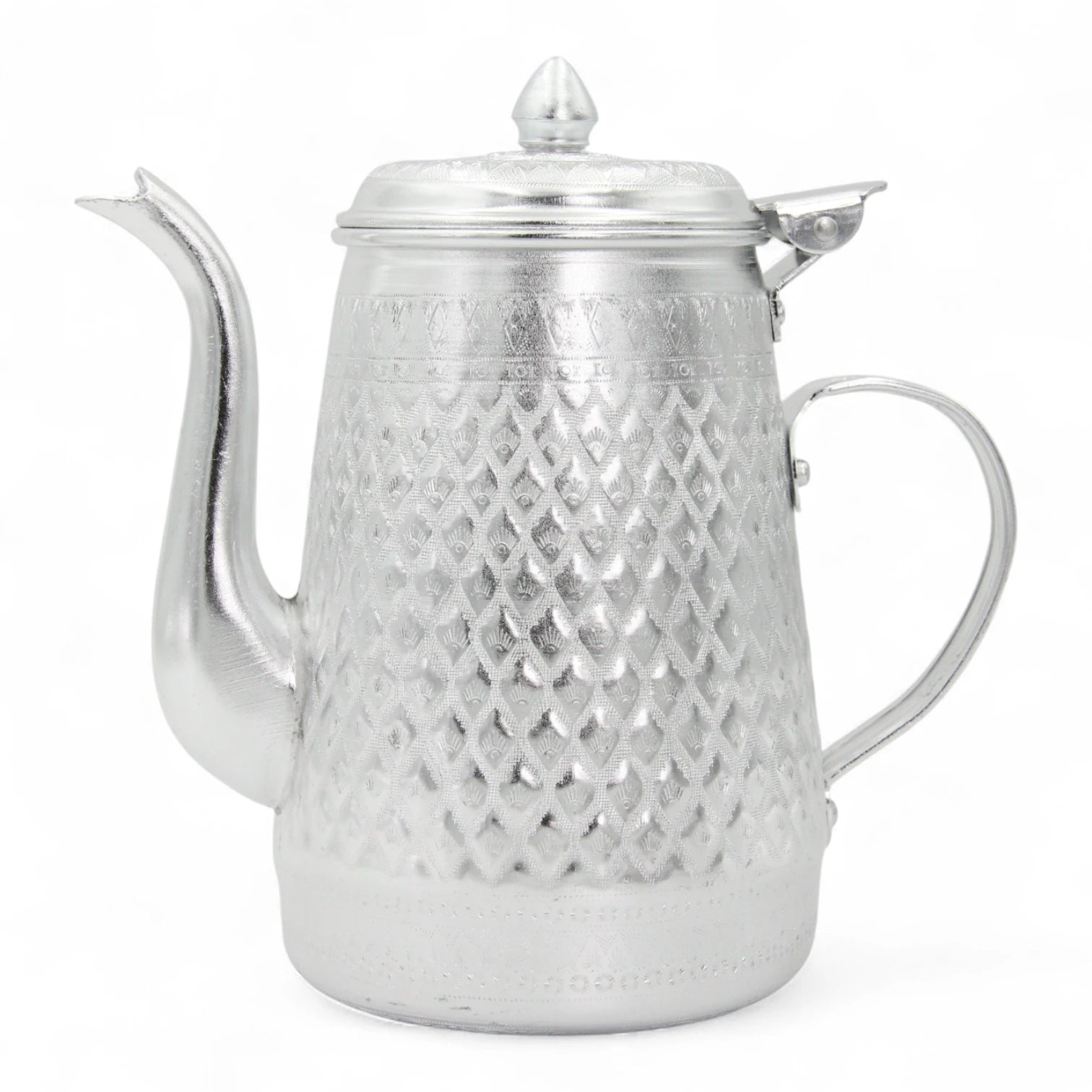 Traditional Arabic Coffee Pot Dallah – Handcrafted Silver Aluminum Tea & Coffee Server with Ornate Pattern, Lightweight & Durable Design, Hinged Lid & Easy Pour Spout – Perfect for Home, Majlis, Gatherings & Gifting - Damoo