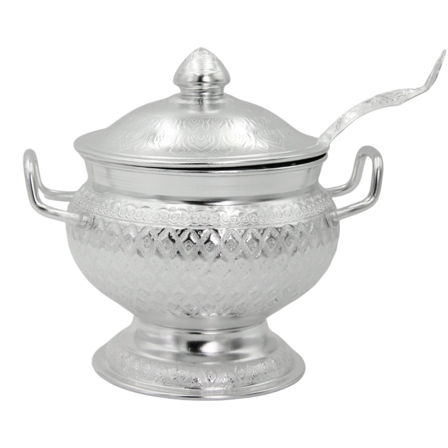 Damoo Traditional Silver Soup Pot with Spoon & Lid – Decorative Hammered Design, 18cm Diameter, Durable Lightweight Aluminum – Ideal for Serving Soup, Stew & Curry (3-Piece Set) - Damoo