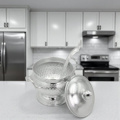 Damoo Traditional Silver Soup Pot with Spoon & Lid – Decorative Hammered Design, 18cm Diameter, Durable Lightweight Aluminum – Ideal for Serving Soup, Stew & Curry (3-Piece Set) - Damoo