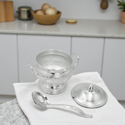 Damoo Traditional Silver Soup Pot with Spoon & Lid – Decorative Hammered Design, 18cm Diameter, Durable Lightweight Aluminum – Ideal for Serving Soup, Stew & Curry (3-Piece Set) - Damoo