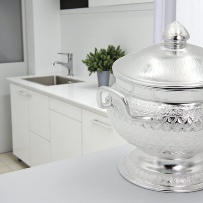 Damoo Traditional Silver Soup Pot with Spoon & Lid – Decorative Hammered Design, 18cm Diameter, Durable Lightweight Aluminum – Ideal for Serving Soup, Stew & Curry (3-Piece Set) - Damoo