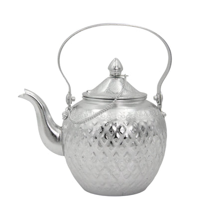 Damoo Decorative Silver Aluminum Kettle with Lid & Handle – Traditional Teapot Design, 1L Capacity – Elegant Hand-Etched Finish, Lightweight & Durable - Damoo