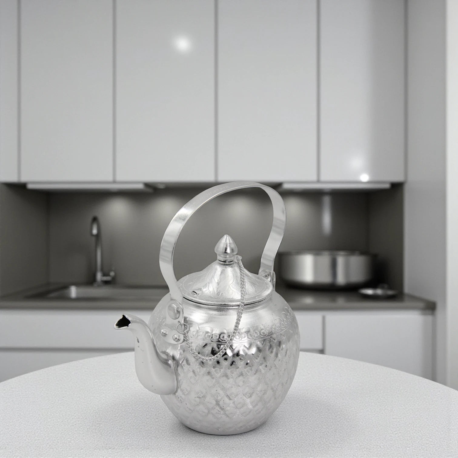 Damoo Decorative Silver Aluminum Kettle with Lid & Handle – Traditional Teapot Design, 1L Capacity – Elegant Hand-Etched Finish, Lightweight & Durable - Damoo
