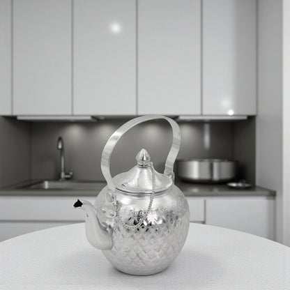 Damoo Decorative Silver Aluminum Kettle with Lid & Handle – Traditional Teapot Design, 1L Capacity – Elegant Hand-Etched Finish, Lightweight & Durable - Damoo