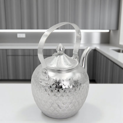 Damoo Decorative Silver Aluminum Kettle with Lid & Handle – Traditional Teapot Design, 1L Capacity – Elegant Hand-Etched Finish, Lightweight & Durable - Damoo