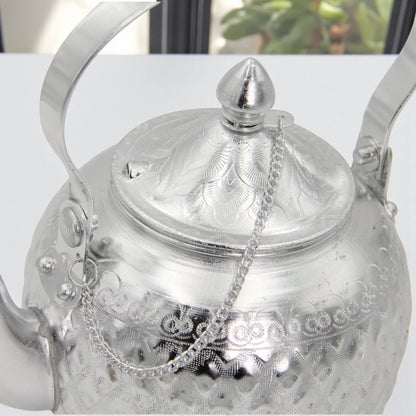Damoo Decorative Silver Aluminum Kettle with Lid & Handle – Traditional Teapot Design, 1L Capacity – Elegant Hand-Etched Finish, Lightweight & Durable - Damoo