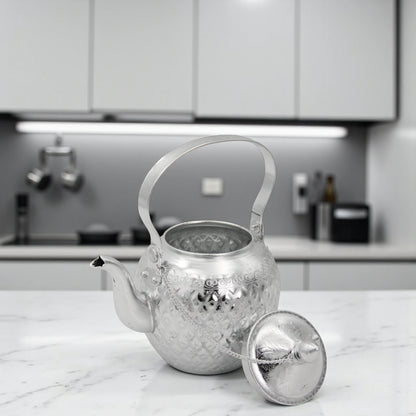 Damoo Decorative Silver Aluminum Kettle with Lid & Handle – Traditional Teapot Design, 1L Capacity – Elegant Hand-Etched Finish, Lightweight & Durable - Damoo
