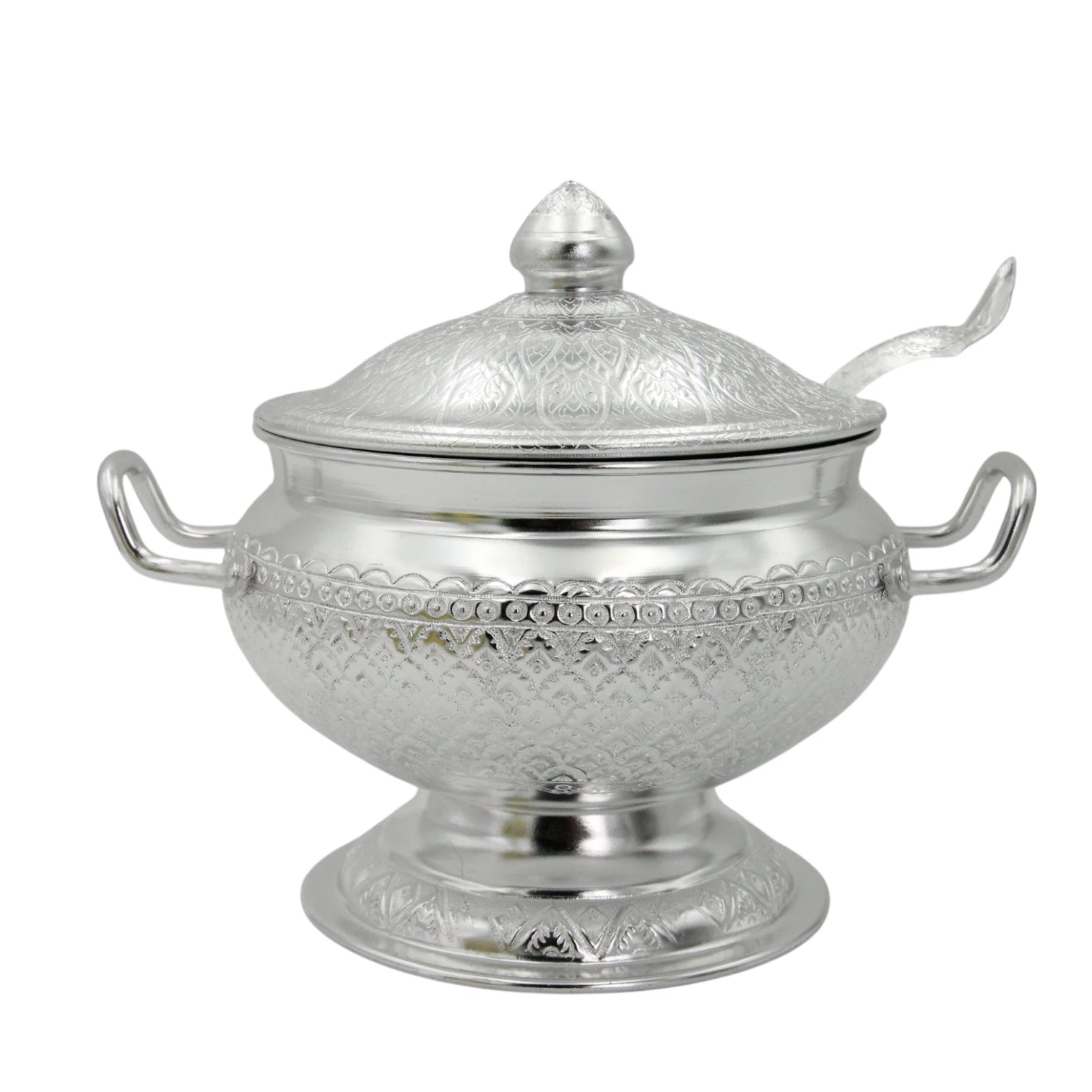 Damoo Traditional Silver Soup Serving Pot with Lid & Spoon – 27.5cm Long – Intricately Engraved Aluminum – Arabic Style Cookware for Soup, Curry & Stew - Damoo