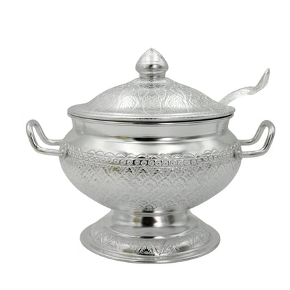 Damoo Traditional Silver Soup Serving Pot with Lid & Spoon – 27.5cm Long – Intricately Engraved Aluminum – Arabic Style Cookware for Soup, Curry & Stew - Damoo