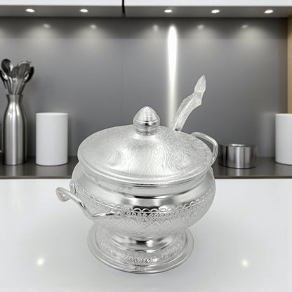 Damoo Traditional Silver Soup Serving Pot with Lid & Spoon – 27.5cm Long – Intricately Engraved Aluminum – Arabic Style Cookware for Soup, Curry & Stew - Damoo