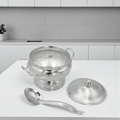 Damoo Traditional Silver Soup Serving Pot with Lid & Spoon – 27.5cm Long – Intricately Engraved Aluminum – Arabic Style Cookware for Soup, Curry & Stew - Damoo
