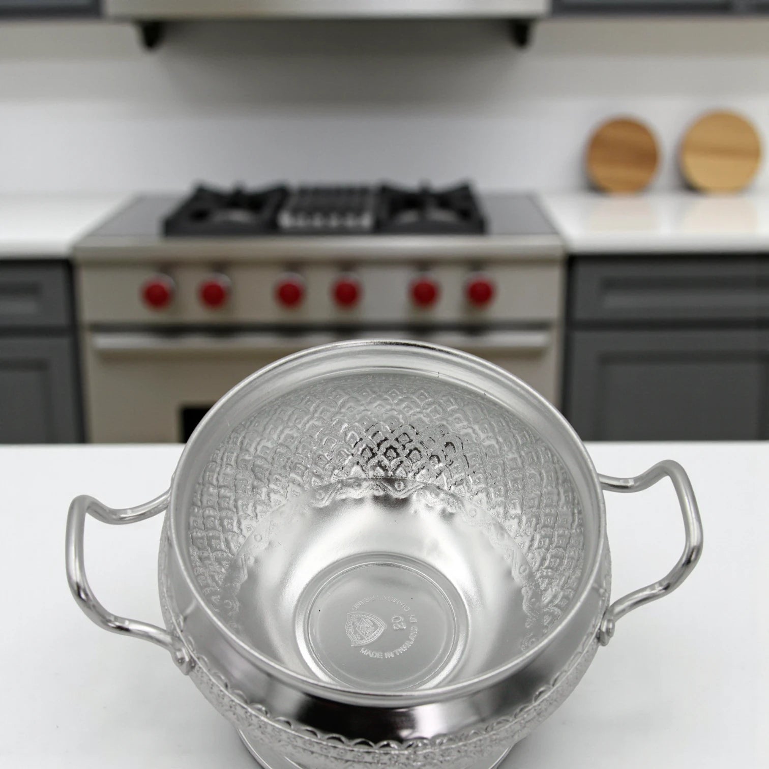 Damoo Traditional Silver Soup Serving Pot with Lid & Spoon – 27.5cm Long – Intricately Engraved Aluminum – Arabic Style Cookware for Soup, Curry & Stew - Damoo