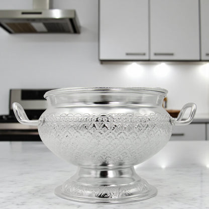 Damoo Traditional Silver Soup Serving Pot with Lid & Spoon – 27.5cm Long – Intricately Engraved Aluminum – Arabic Style Cookware for Soup, Curry & Stew - Damoo