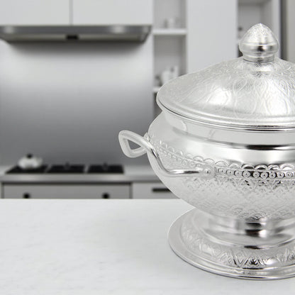 Damoo Traditional Silver Soup Serving Pot with Lid & Spoon – 27.5cm Long – Intricately Engraved Aluminum – Arabic Style Cookware for Soup, Curry & Stew - Damoo