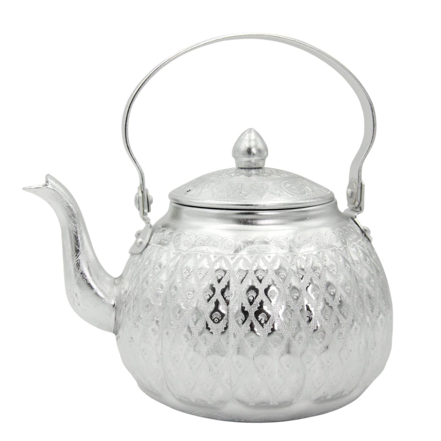 Damoo Traditional Silver Aluminum Kettle – Ornate Handled Teapot for Serving & Decoration - Damoo