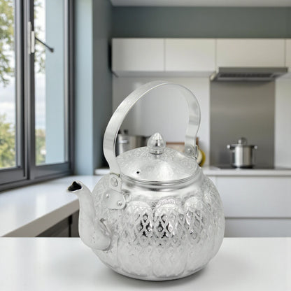 Damoo Traditional Silver Aluminum Kettle – Ornate Handled Teapot for Serving & Decoration - Damoo