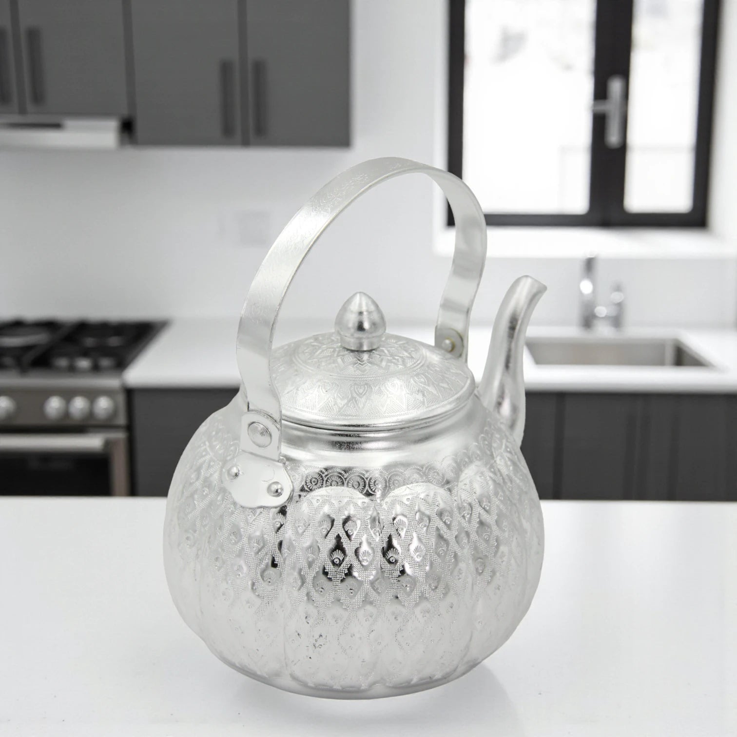 Damoo Traditional Silver Aluminum Kettle – Ornate Handled Teapot for Serving & Decoration - Damoo