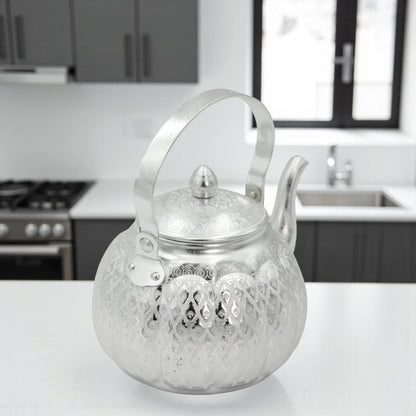 Damoo Traditional Silver Aluminum Kettle – Ornate Handled Teapot for Serving & Decoration - Damoo