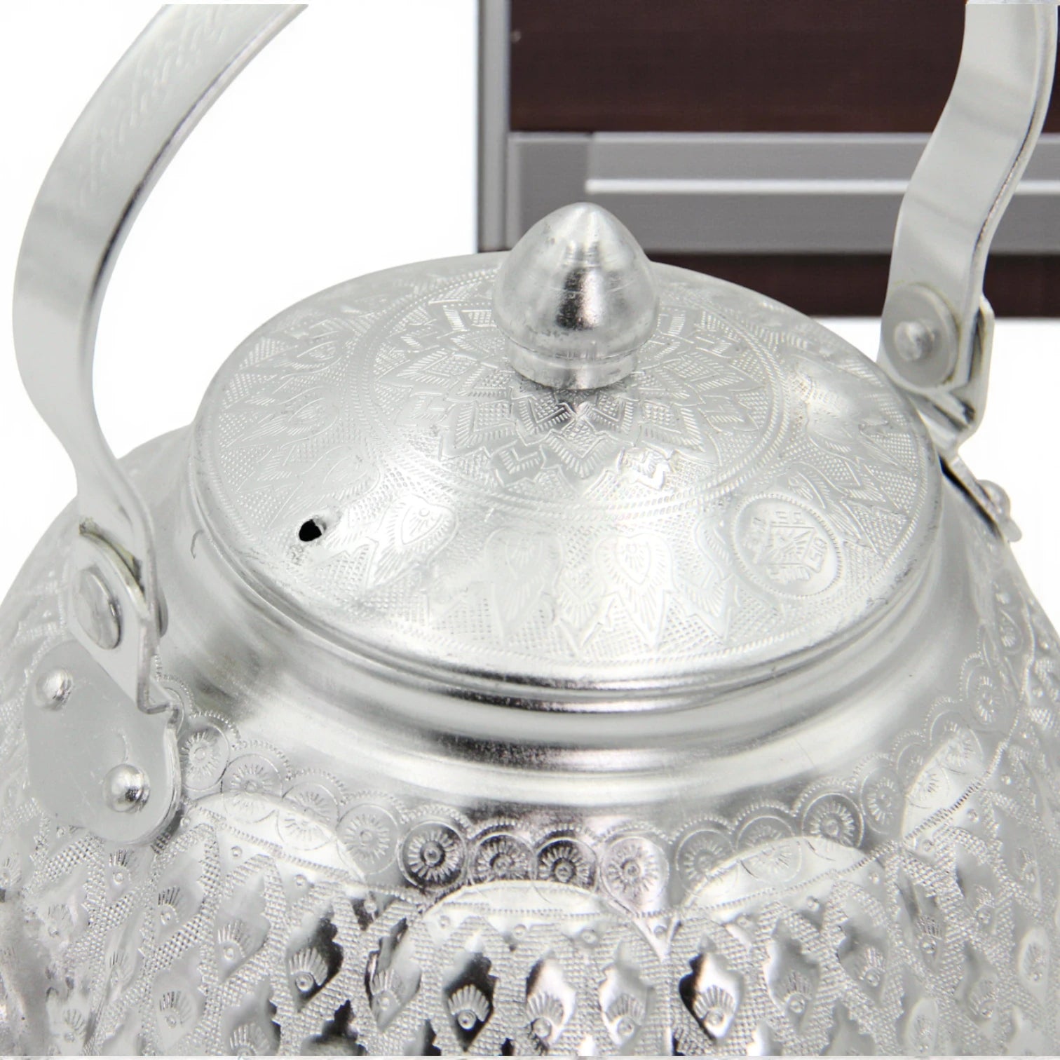 Damoo Traditional Silver Aluminum Kettle – Ornate Handled Teapot for Serving & Decoration - Damoo
