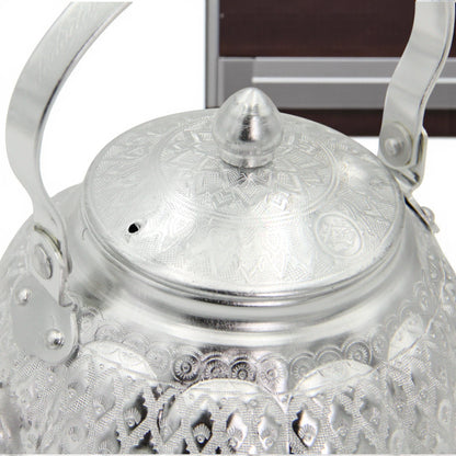 Damoo Traditional Silver Aluminum Kettle – Ornate Handled Teapot for Serving & Decoration - Damoo